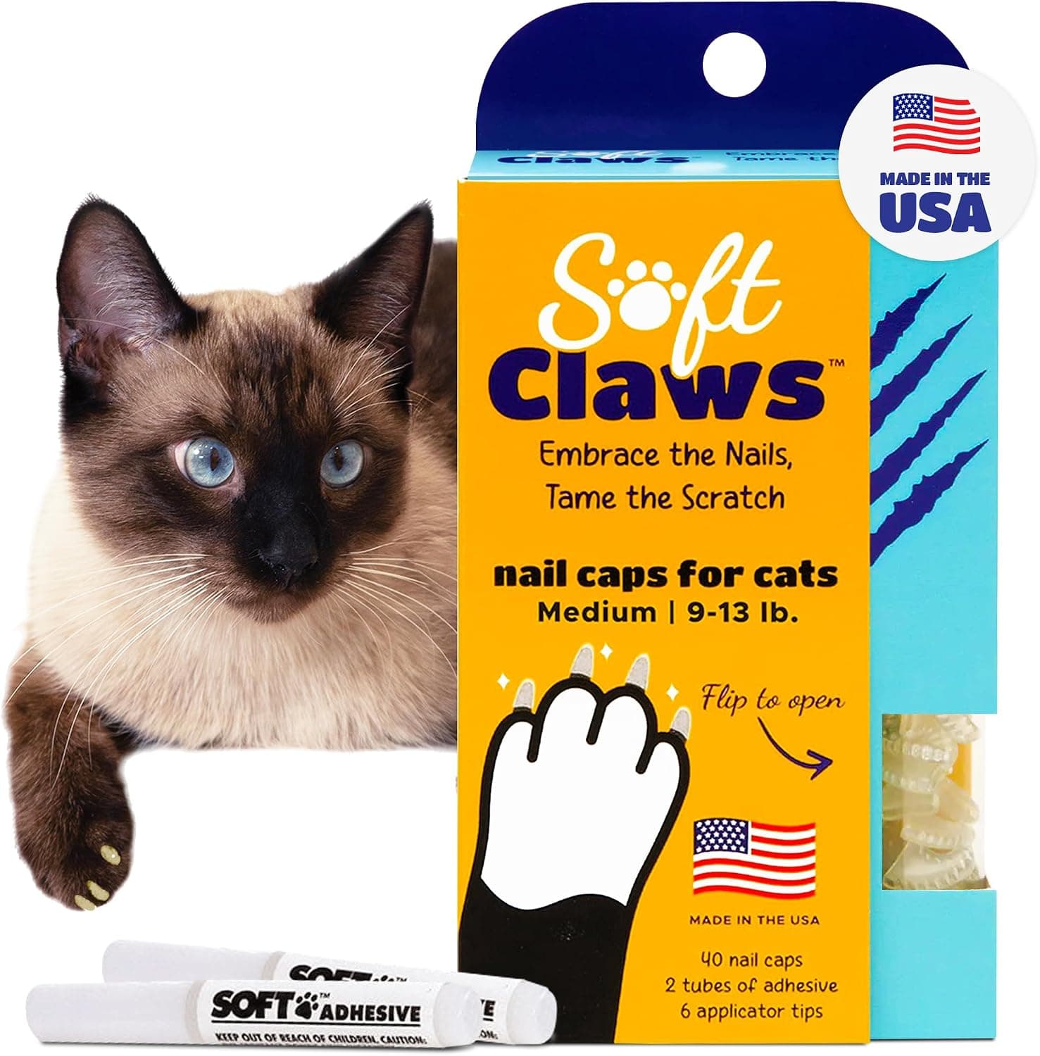 Soft Claws Cat Nail Caps for Medium Cats 40 Caps Clear Veterinarian-Developed Anti-Scratch Cat Claw Covers