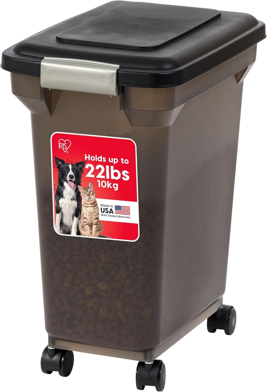 IRIS USA 22 lbs / 28 Qt WeatherPro Airtight Pet Food Container with Casters, Smoke