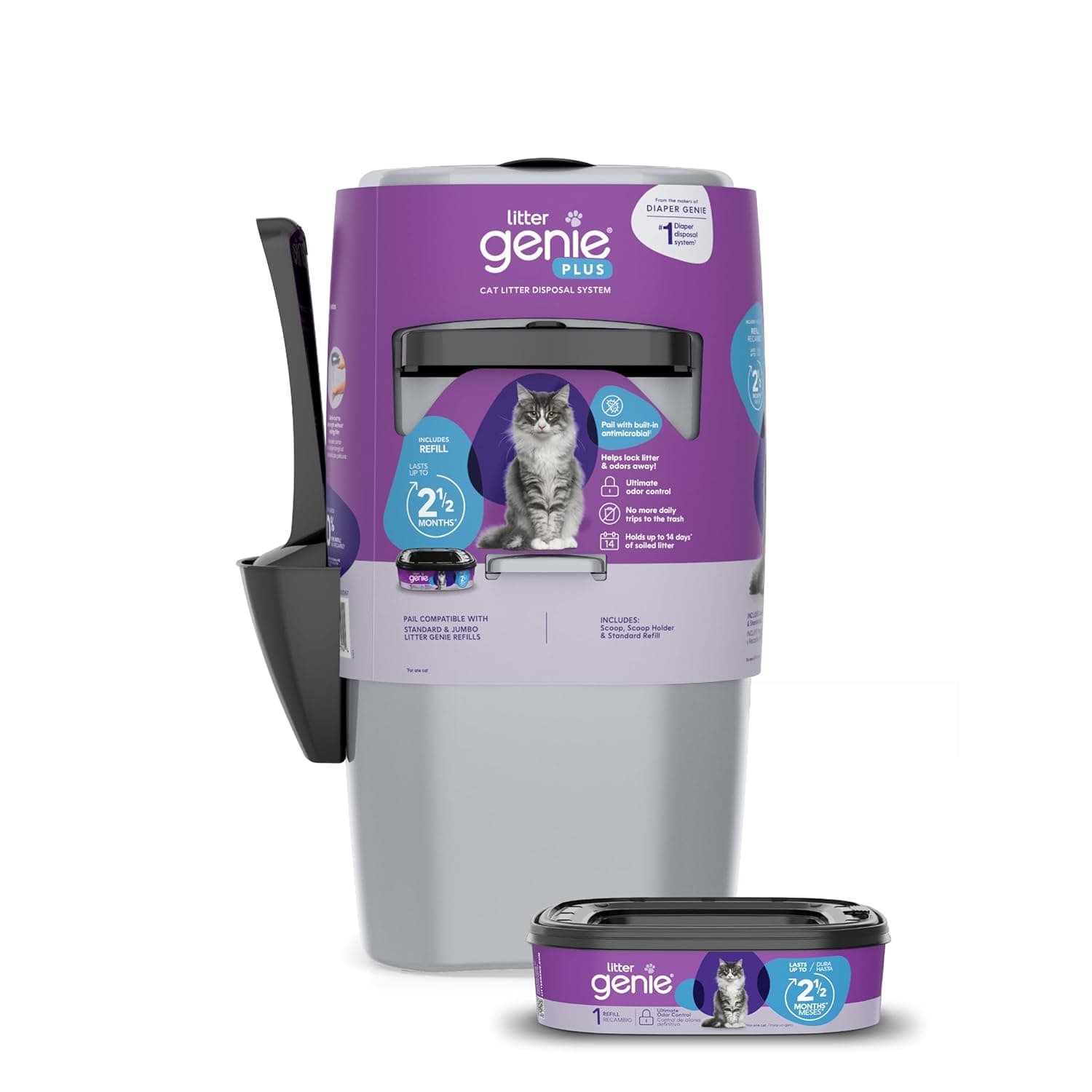 Litter Genie Plus Pail (Silver) - Cat Litter Box Waste Disposal System for Odor Control, Includes 1 Square Refill Bag