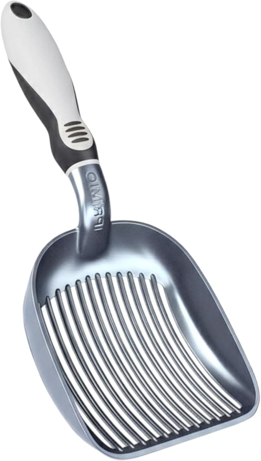 iPrimio Cat Litter Scoop Metal with Deep Shovel, Black, Non-Stick Plated Aluminum Scooper with Holder, Patented Sifter