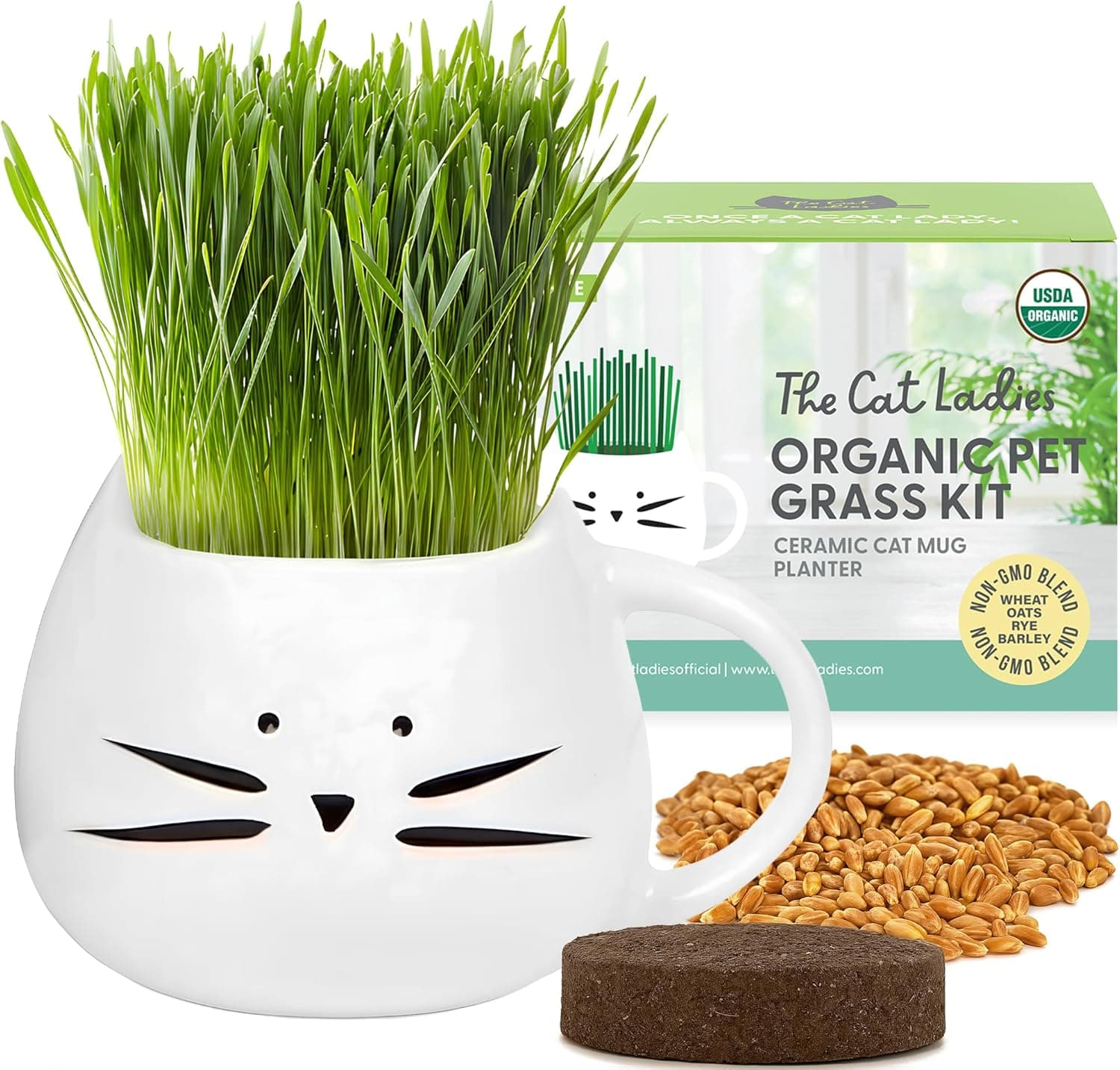 The Cat Ladies Organic Cat Grass for Indoor Cats Growing Kit with Organic Seed Mix, Soil and White Cat Planter