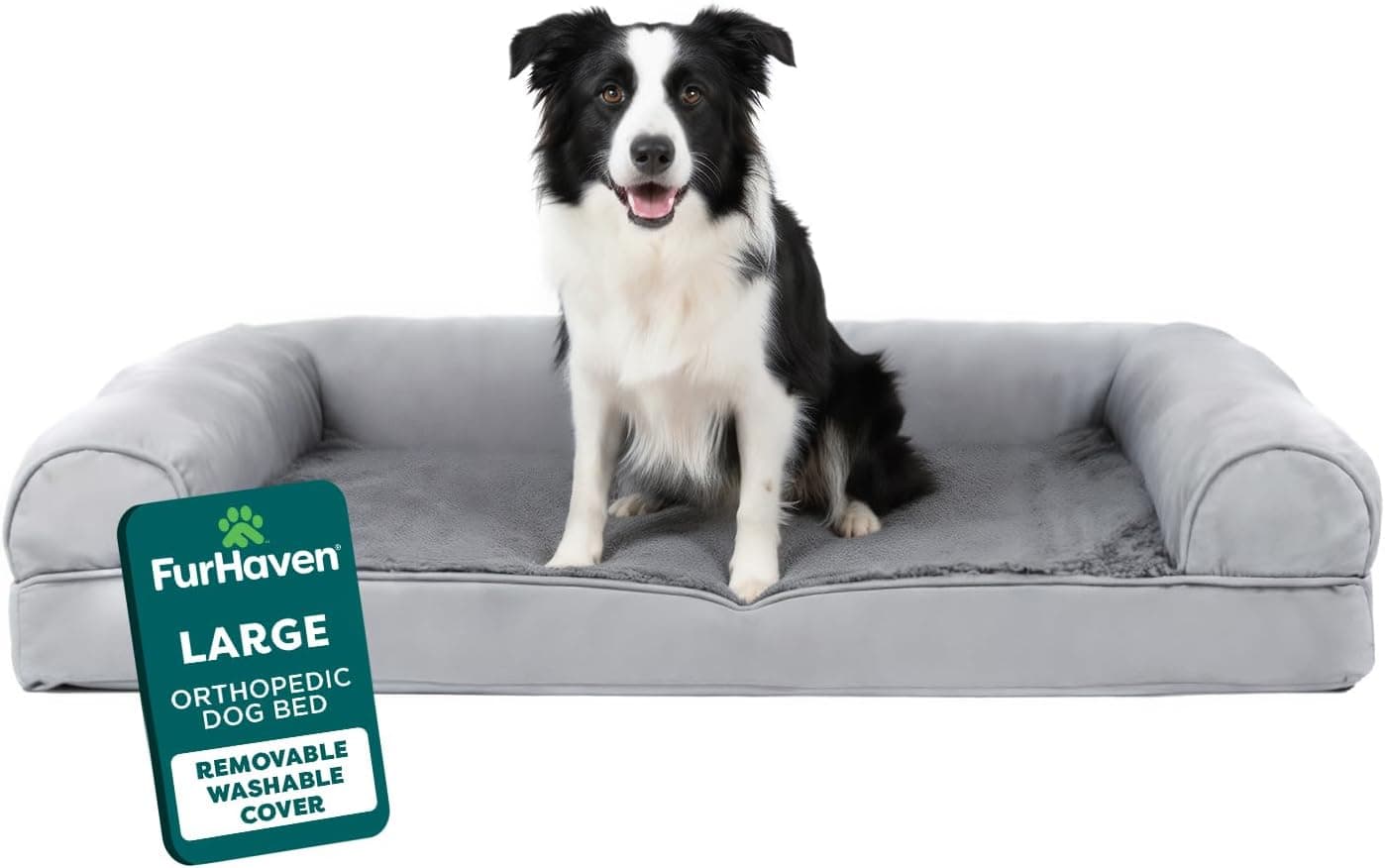 Furhaven Orthopedic Dog Bed, Plush & Suede Sofa with Bolsters, Large