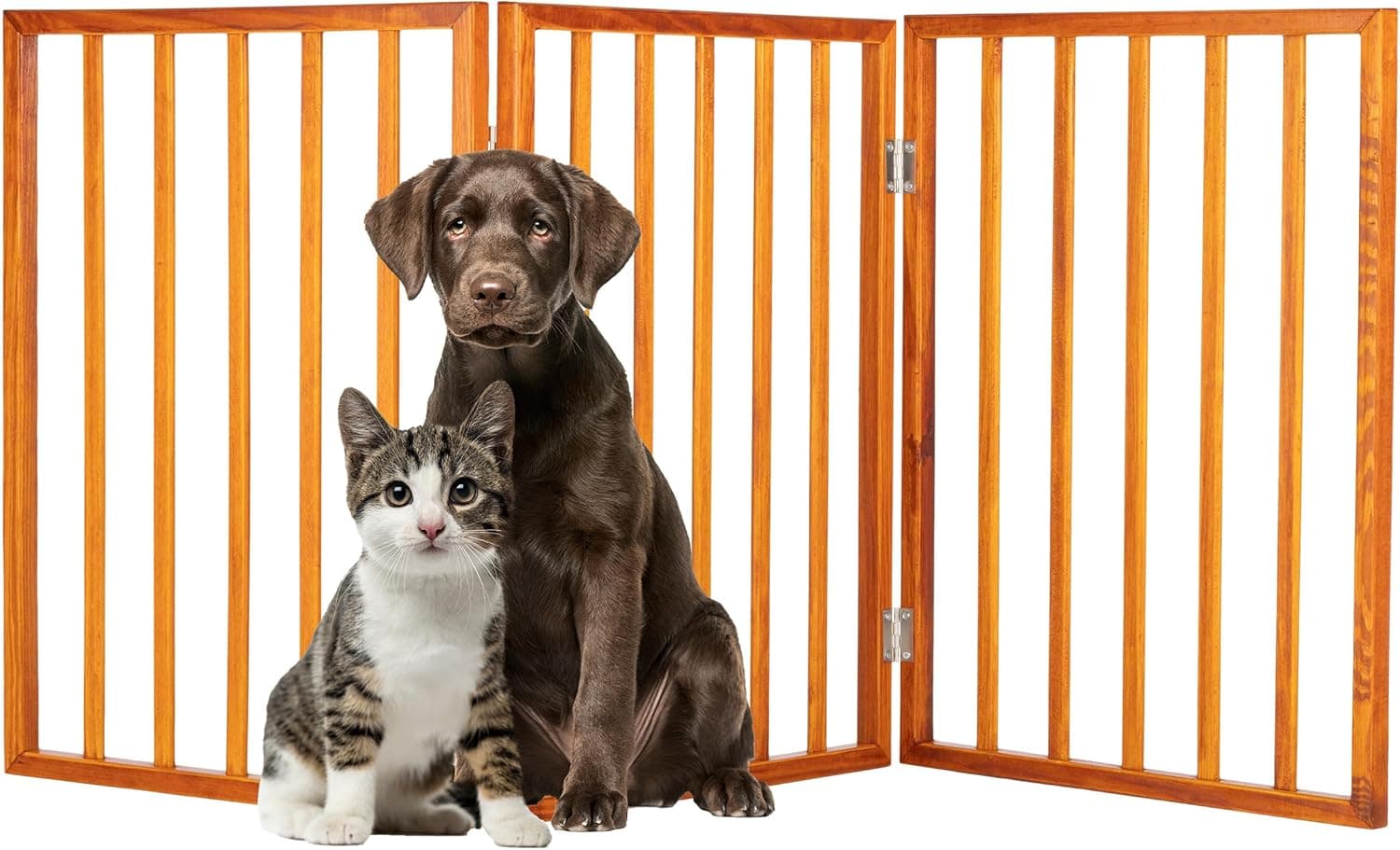PETMAKER Pet Gate 3-Panel Indoor Foldable Dog Fence for Stairs or Doorways 54x24-Inch Retractable Wood Freestanding (Mahogany)