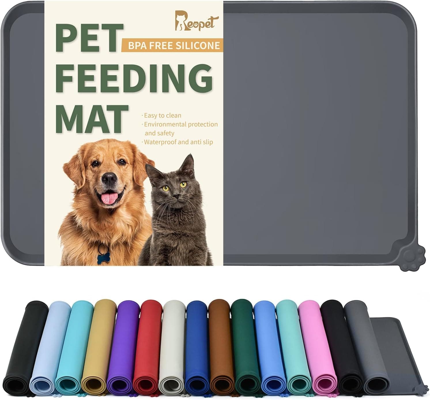 Reopet Silicone Pet Feeding Mat - Waterproof & Non-Slip Dog Cat Placemat, High Raised Edges Prevent Food & Water Spills