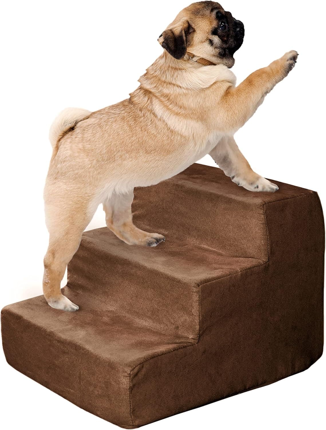 PETMAKER Dog Stairs for Small Dogs 3-Step Dog Steps for High Bed and Couch Nonslip Bottom High-Density Foam Washable Cover (Brown)