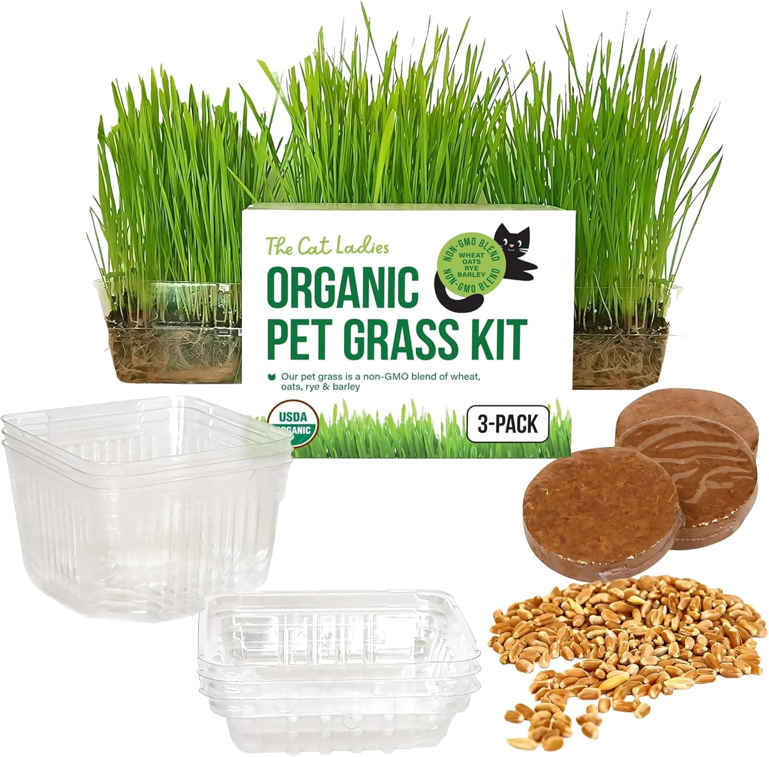 The Cat Ladies Cat Grass for Indoor Cats Growing Kit Organic Cat Grass Seeds, Soil and BPA Free Containers (3 Pack)