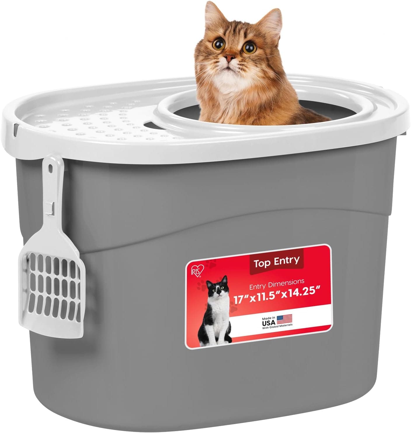 IRIS USA Cat Litter Box Large Top Entry with Lid, Enclosed Covered Hooded Design, Scoop Included, Odor Control, Gray/White