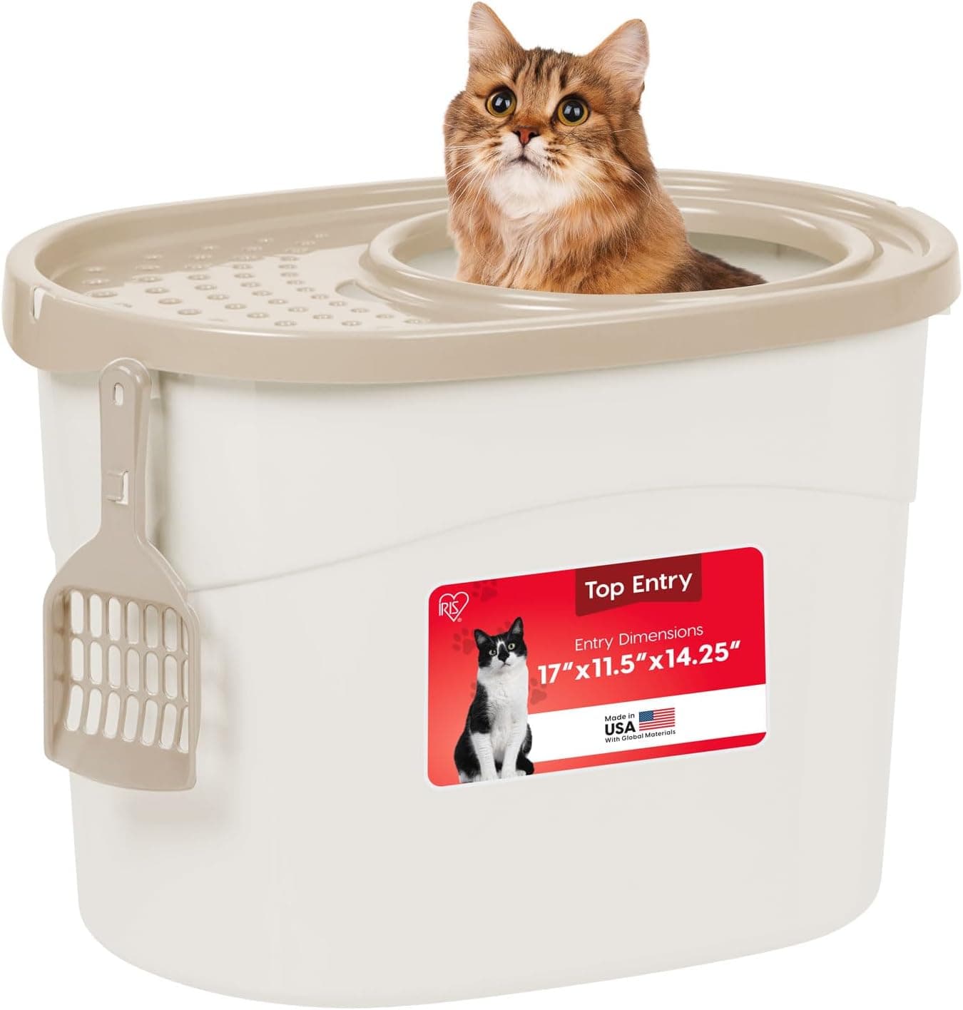 IRIS USA Large Top Entry Cat Litter Box with Lid, Enclosed Covered, Dog Proof, Odor Control, Scoop Included, White/Beige