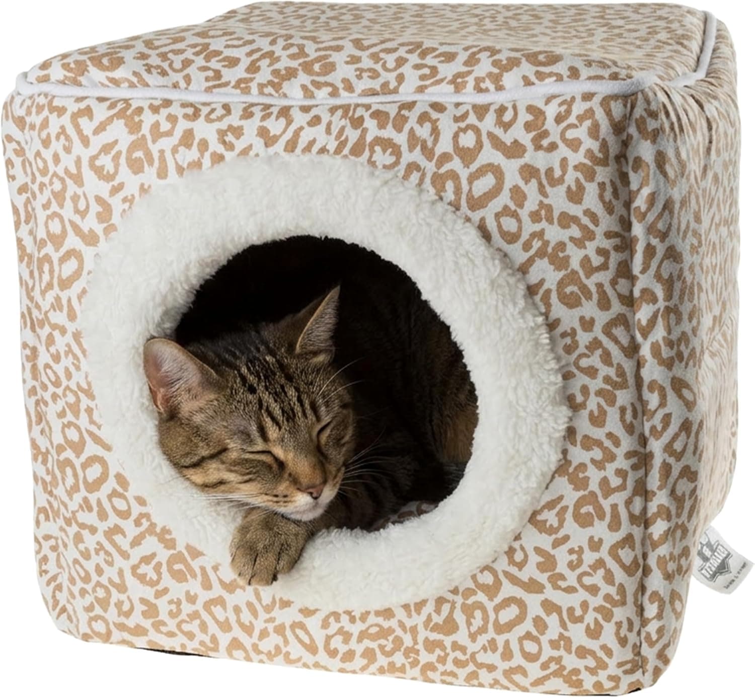 PETMAKER Cat Pet Bed Cave - Indoor Enclosed Covered Cavern/House with Removable Cushion Pad, Tan/White