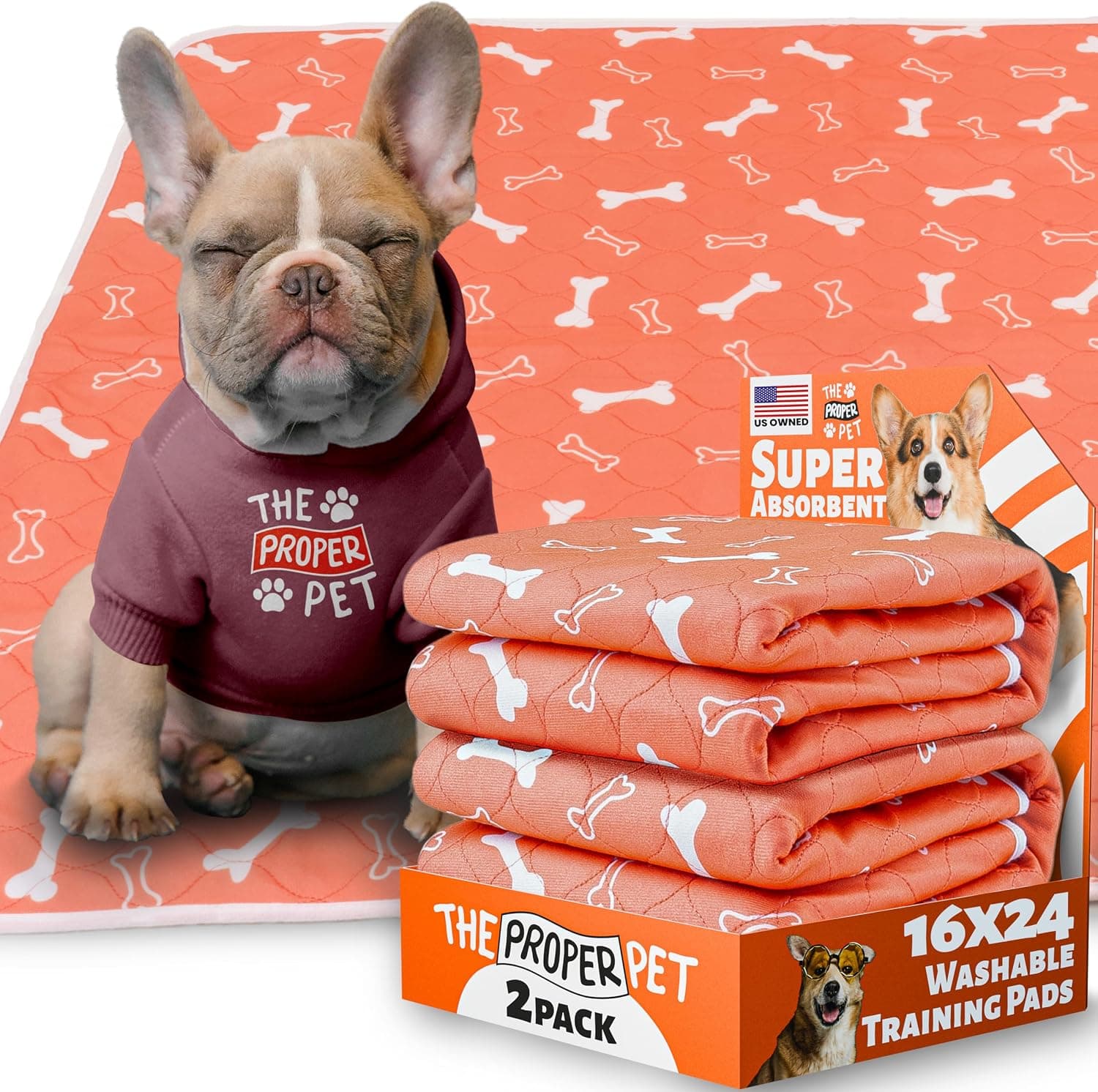 The Proper Pet Reusable Puppy Potty Training Pad 16x24 - 2 Pack Super Absorbent Washable Waterproof Non-Slip