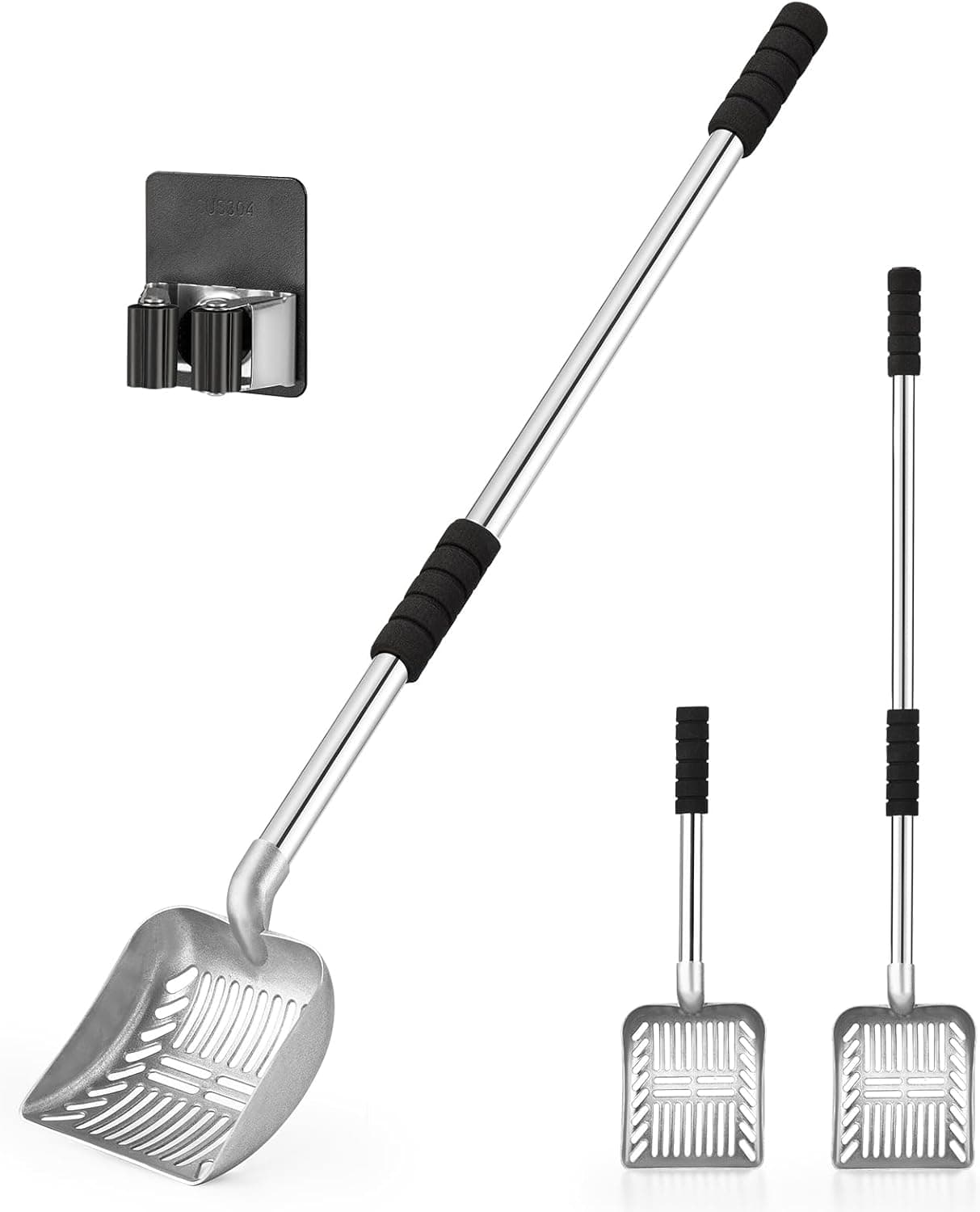 Yangbaga Metal Cat Litter Scoop with Deep Shovel & Long Handle, Detachable Stainless Steel Non-Stick Sifter with Foam Grip