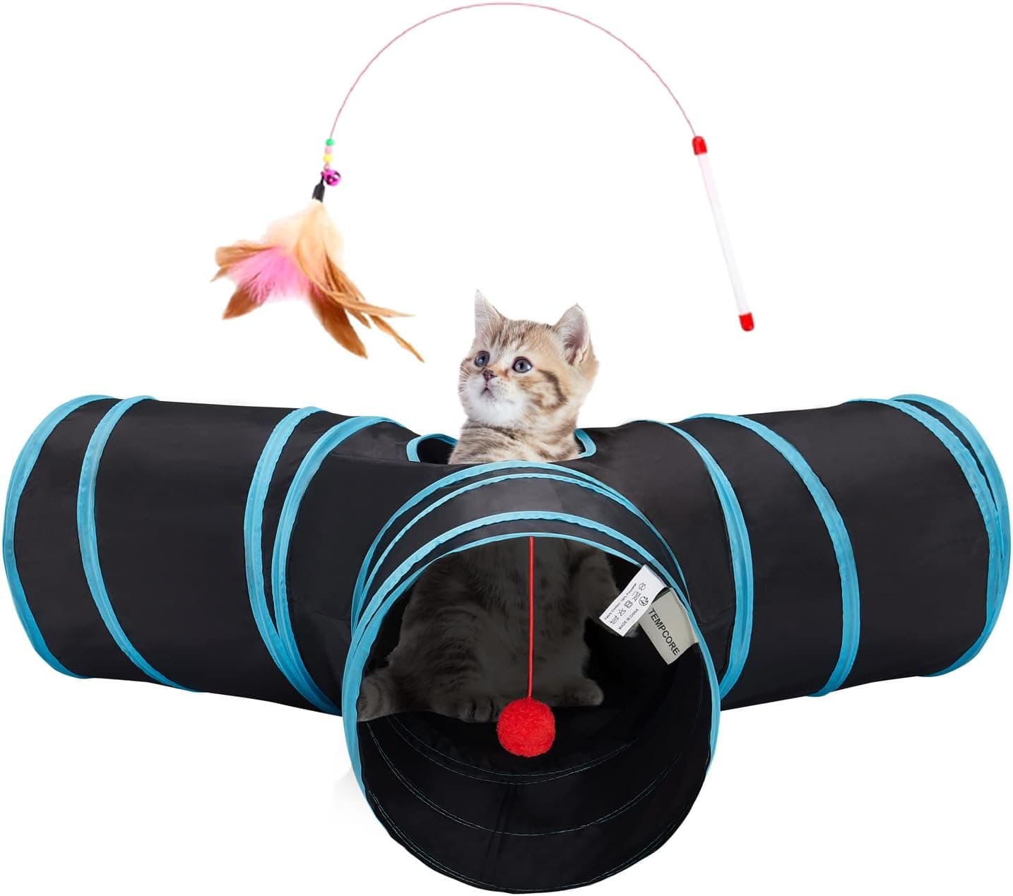 Tempcore Pet Cat Tunnel 3 Way Collapsible with Teaser Wand