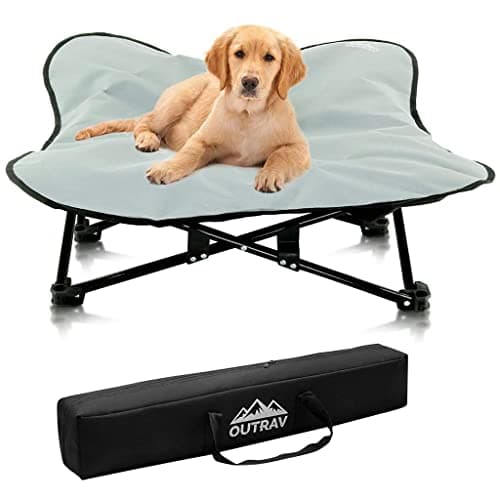 Portable Elevated Bed | Folding Pet Cot for Indoor, Outdoor, Traveling, Camping | Fold Up Steel Frame with Padded Cushion Canopy | Raised Travel Lounger for Large, Small, Dogs, Cats, up to 100 lb.