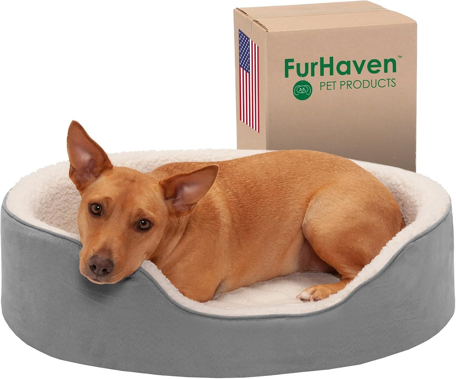 Furhaven Orthopedic Dog Bed w/ Removable Washable Cover, Sherpa & Suede Oval Lounger - Gray, Large