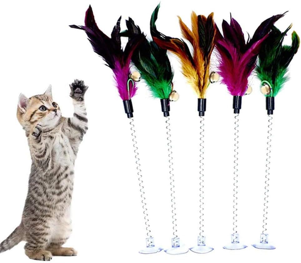 MAIYU Cat Teaser Wand (5 Pack), Metal Wire Spring Cat Toy with Feather and Bell Sucker