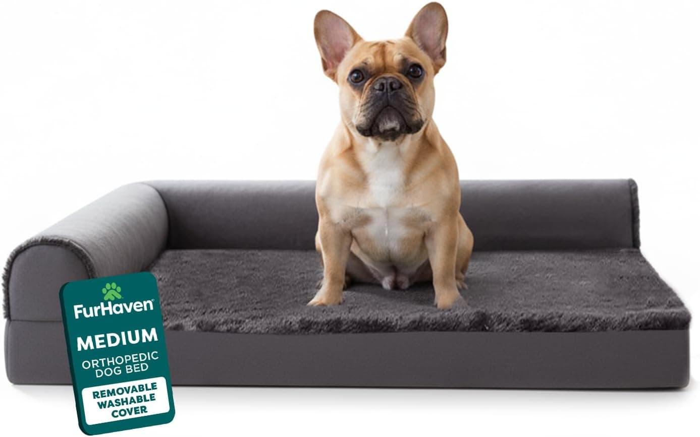 Furhaven Orthopedic Dog Bed for Medium/Small Dogs w/ Removable Bolsters & Washable Cover, L Shaped Chaise - Platinum Gray, Medium