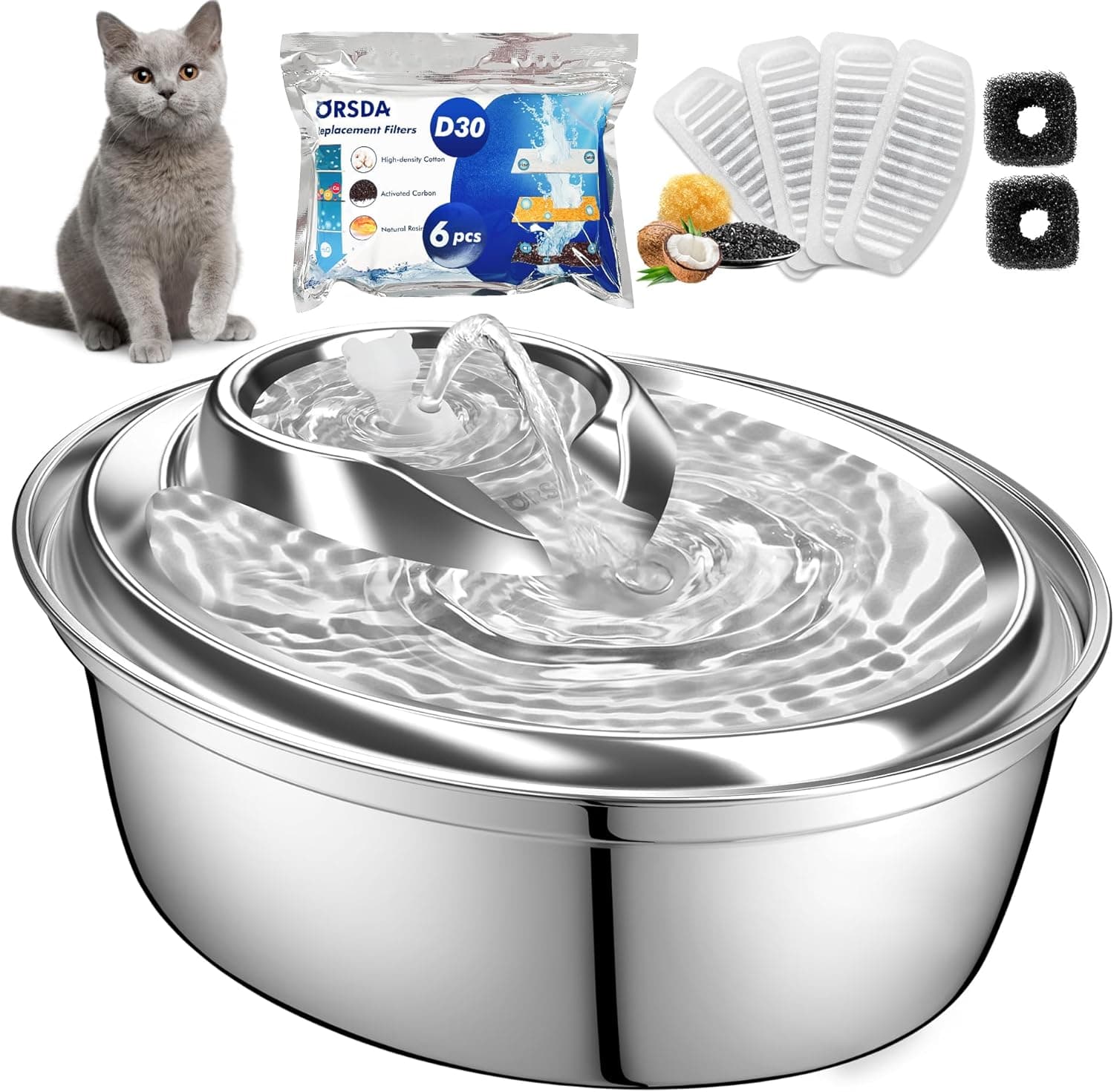 ORSDA Cat Water Fountain Stainless Steel 2L Automatic Ultra-Quiet with 6 Filters
