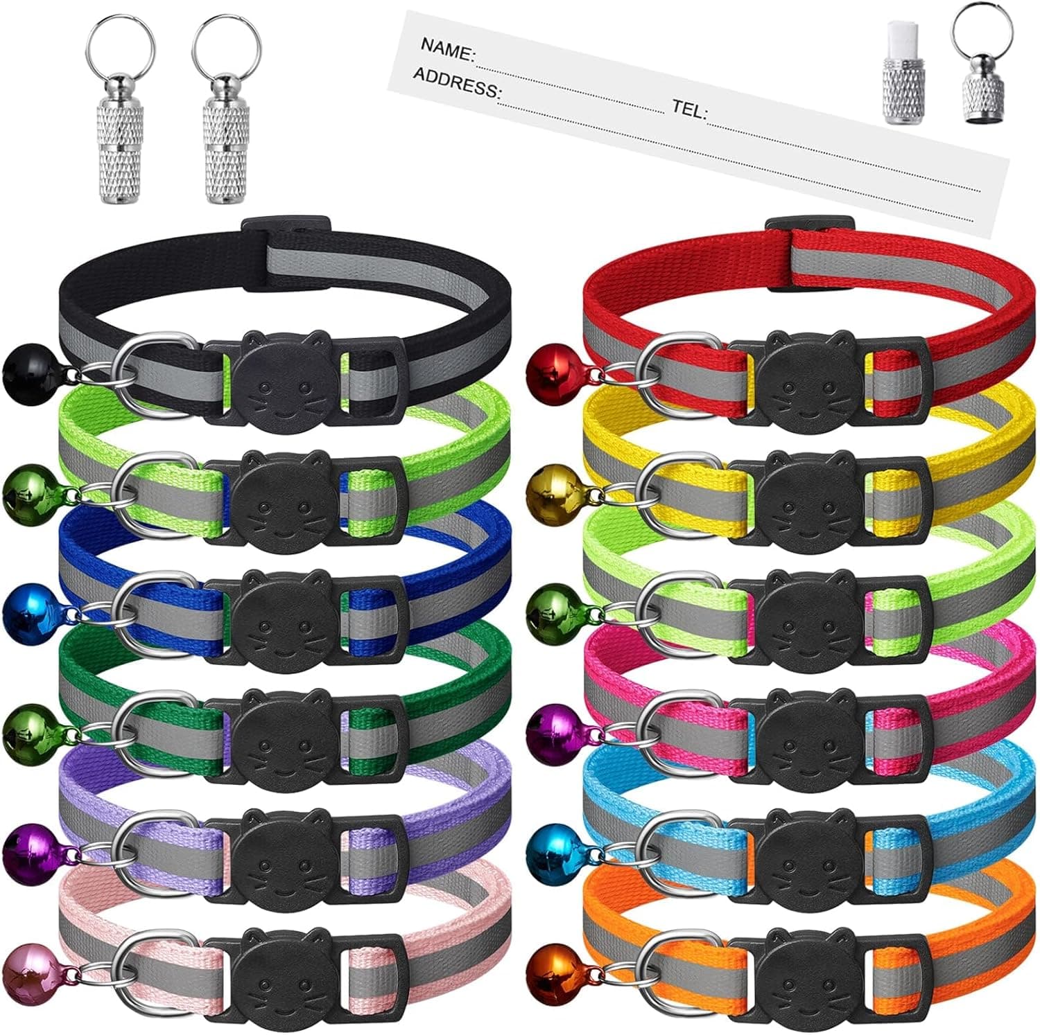 Extodry 12 Pack Reflective Breakaway Cat Collars with Bells, Safety Buckle Kitten Collar with Name Tag