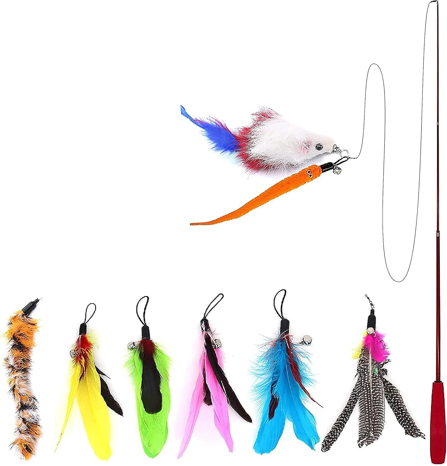 seninhi Cat Feather Toys 9 Piece Set, Retractable Cat Wand Toy & 8pcs Natural Feather Teaser Replacements with Bell
