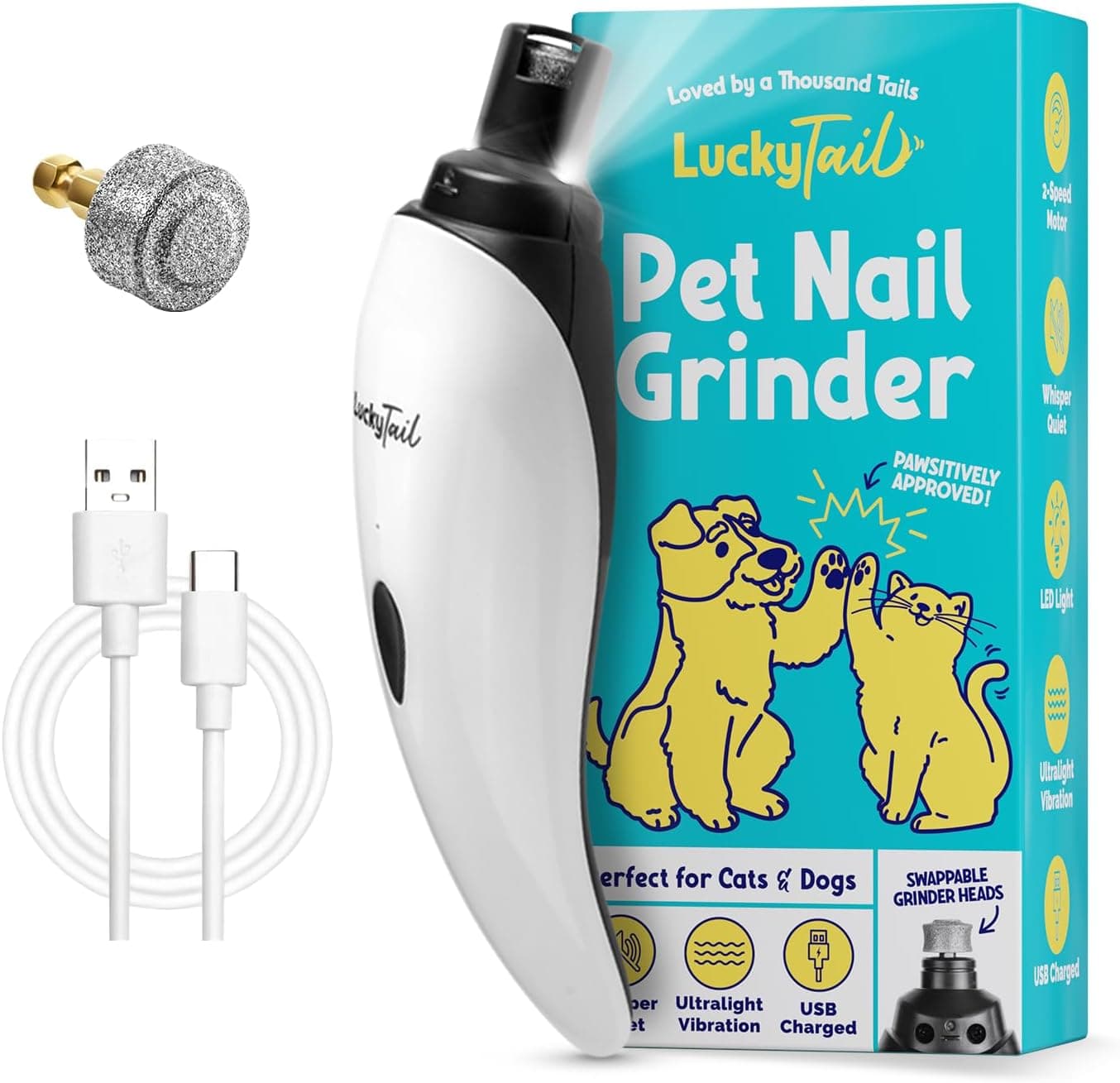 LuckyTail Pet Nail Grinder, Super Quiet Low Vibration, USB Rechargeable