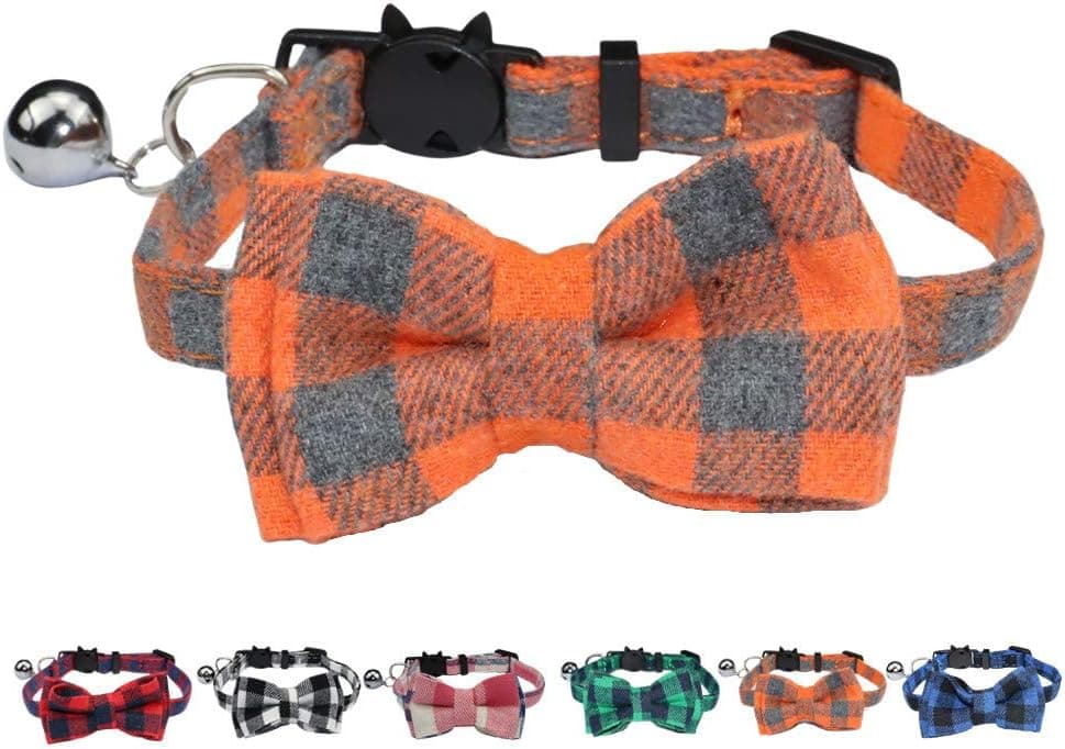 WDPAWS Cat Collar Breakaway with Bell and Bow Tie, Plaid Pattern Adjustable 7-11 inches