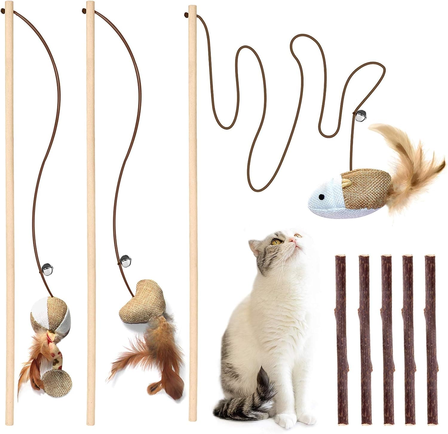 3-Piece Natural Wooden Cat Teaser Wand Toy Kit with 5 Silvervine Sticks, Bell and Feather