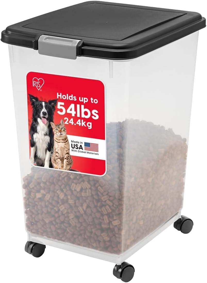 IRIS USA Airtight Dog Food Storage Container, Up to 54 lbs, Attachable Wheels, Black