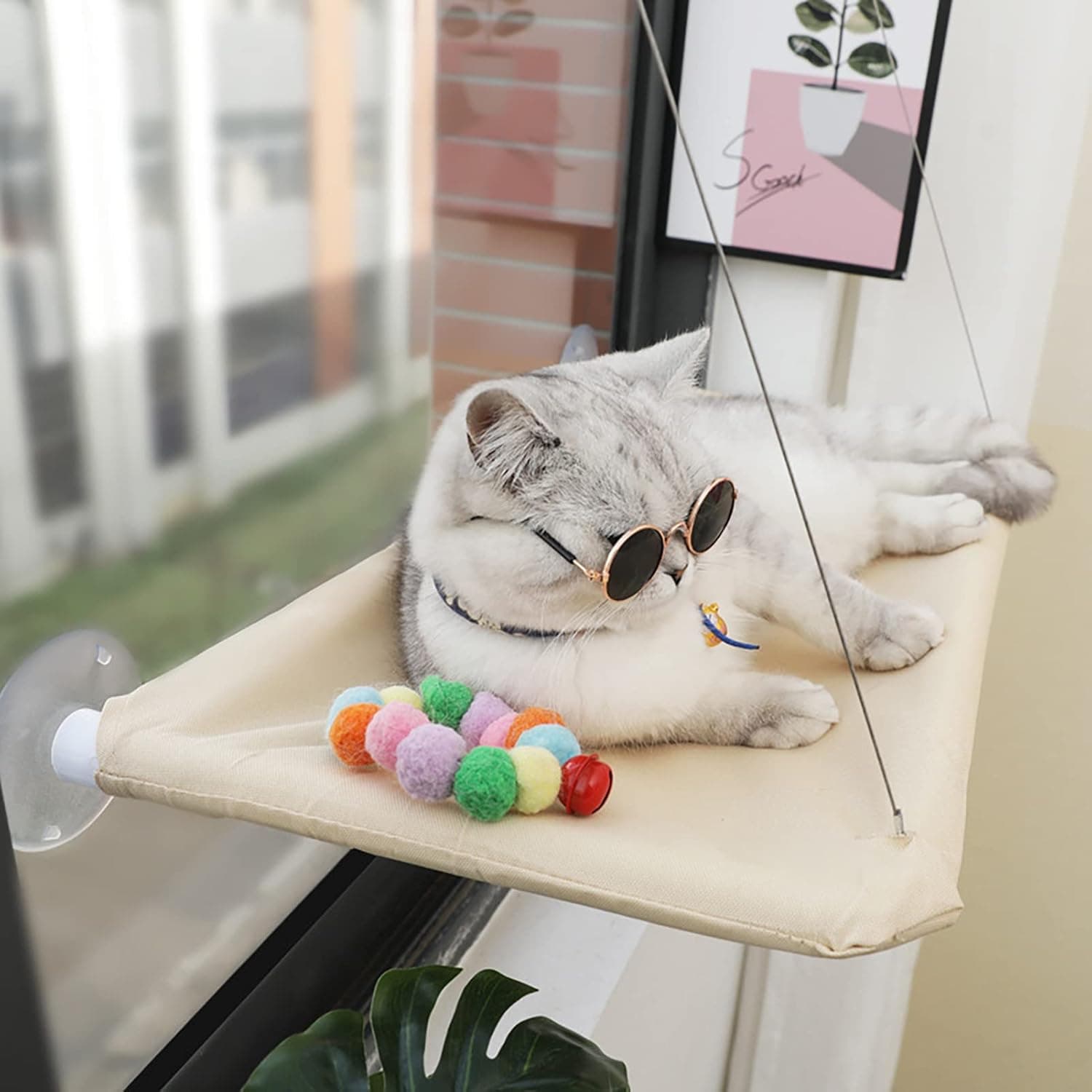 Cat Window Hammock Perch Sunny Bed with Durable Heavy Duty Suction Cups, Space Saving Mounted Bed (Khaki)