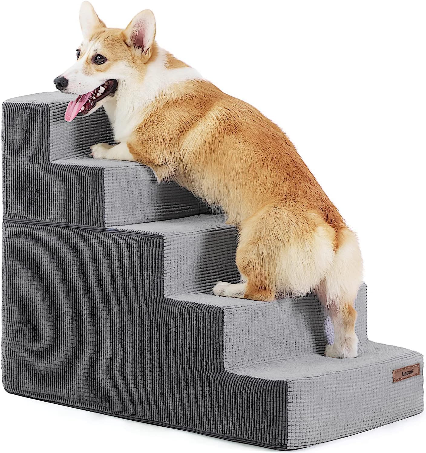 Lesure Dog Stairs for Small Dogs and Cats Foldable Pet Steps CertiPUR-US Certified Foam Non-Slip Bottom (Grey, 5 Steps)
