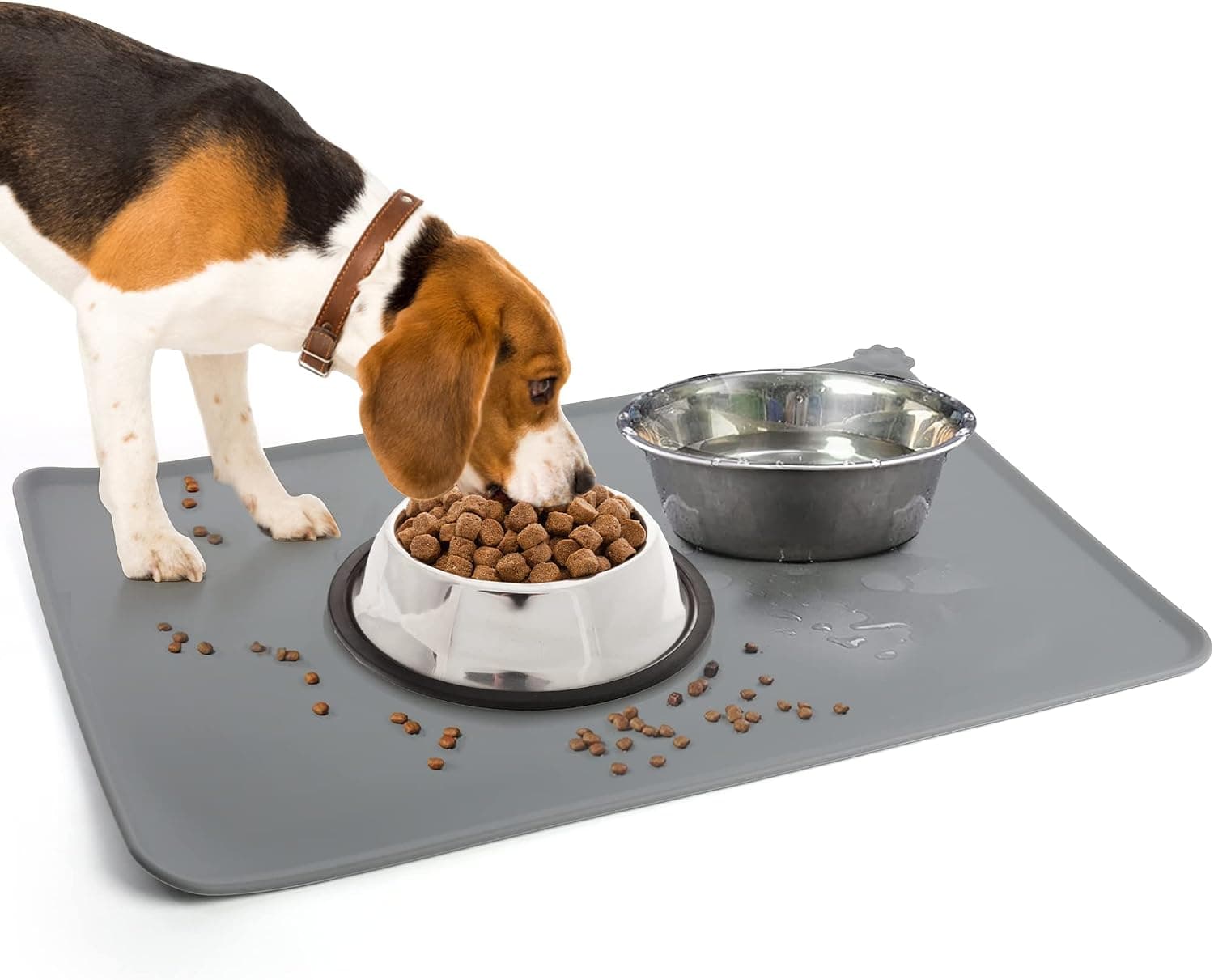PrimePets Silicone Dog Cat Food Mat, 24" x 16" Waterproof Pet Feeding Mat with Lips, Non-Slip (Grey)