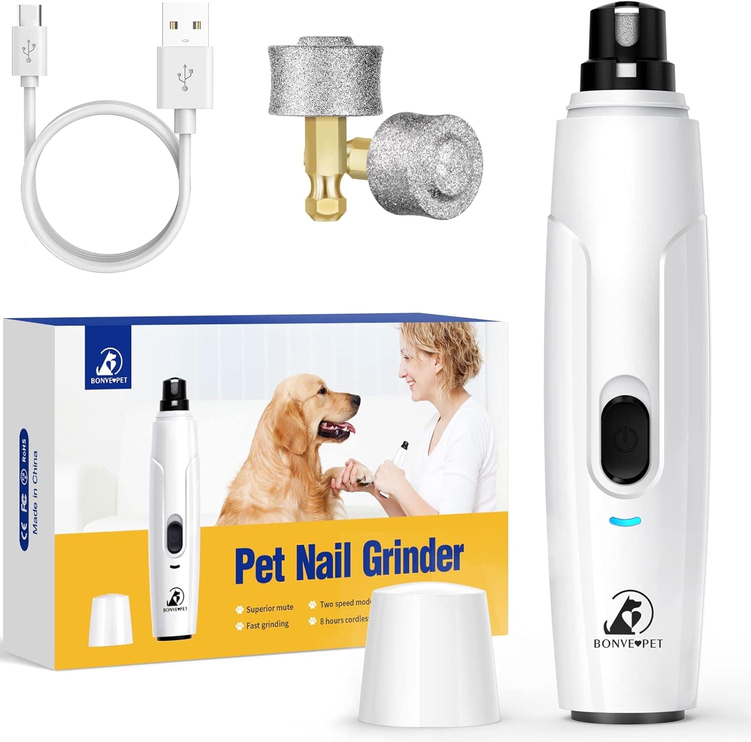 Bonve Pet Nail Grinder, Super Quiet 2-Speed Rechargeable for Small/Large Dogs