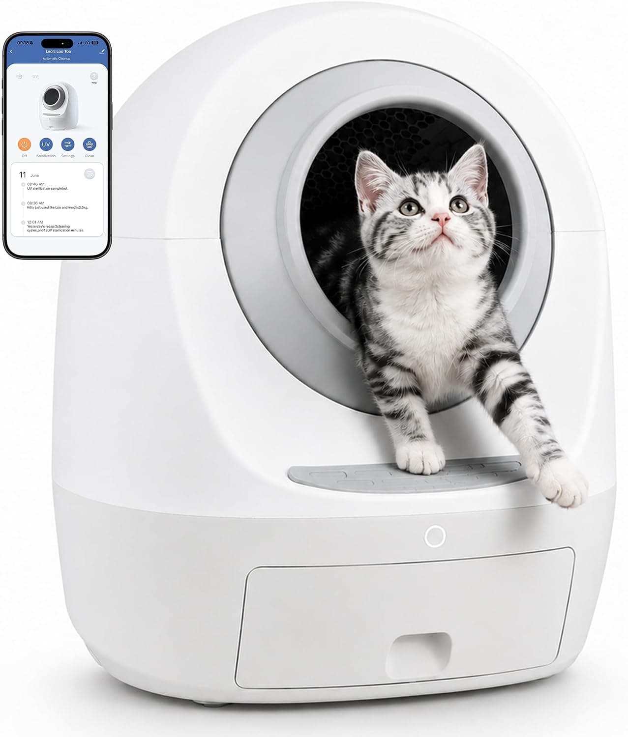 Casa Leo Automatic Self-Cleaning Cat Litter Box with Leo's Loo Too Wi-Fi App & Voice Control, UV Odor Control, Safety Sensors, 30dB Quiet
