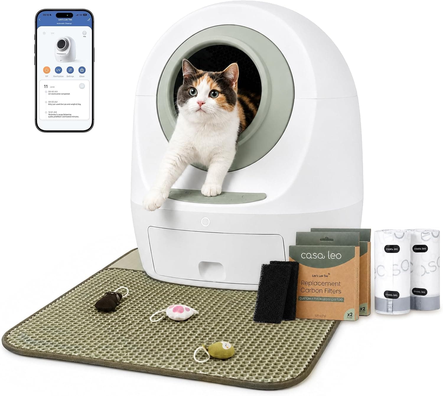 Automatic Self Cleaning Cat Litter Box Bundle with Odor Control & UV Function, Carbon Filters, Waste Bags & Litter Mat, Green