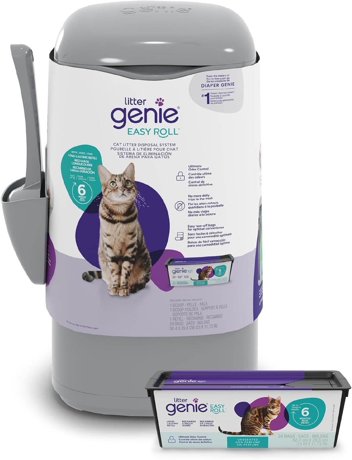 Litter Genie Easy Roll Cat Litter Disposal Pail - Odour Control, Refill Bags & Scoop