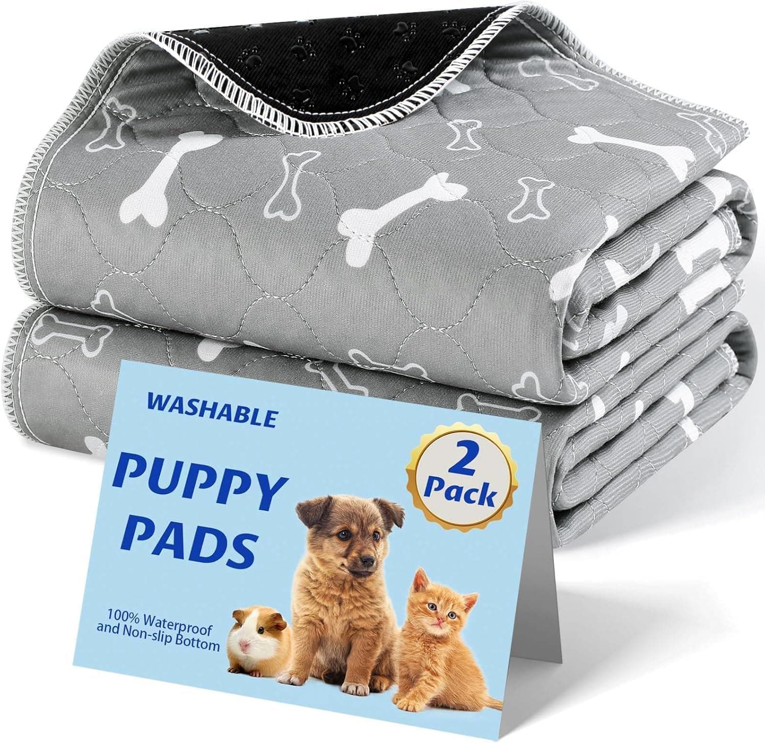Baodan Washable Pee Pads for Dogs, 2 Pack Reusable Puppy Pads, Fast Absorbent Waterproof Whelping Pads (Grey, 18x24)
