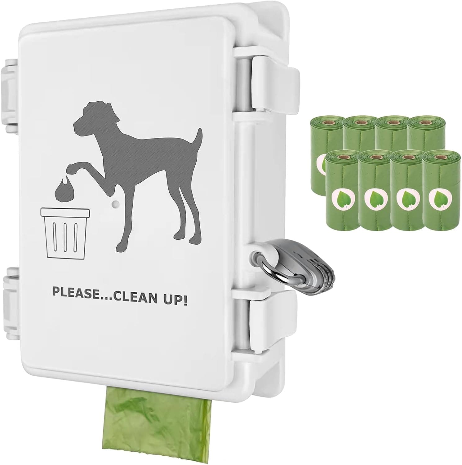 Dog Poop Bag Dispenser Wall Mounted Outdoor Pet Poop Bags Storage Container with Lock, 8 Small Rolls (White + 8 Rolls + Lock)