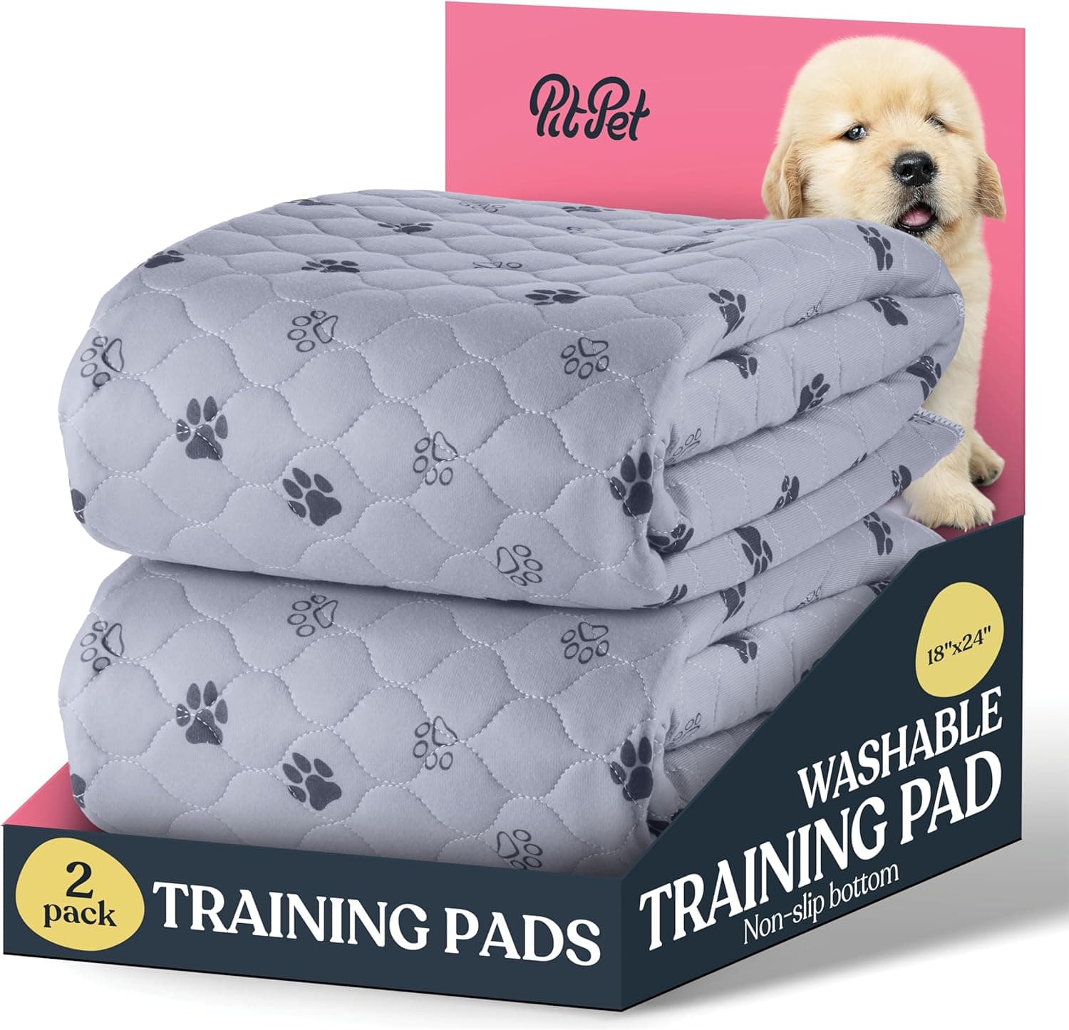 PitPet Super Absorbent Washable Pee Pads for Dogs - 2-Pack Reusable Puppy Pads, 100% Waterproof, Non-Slip