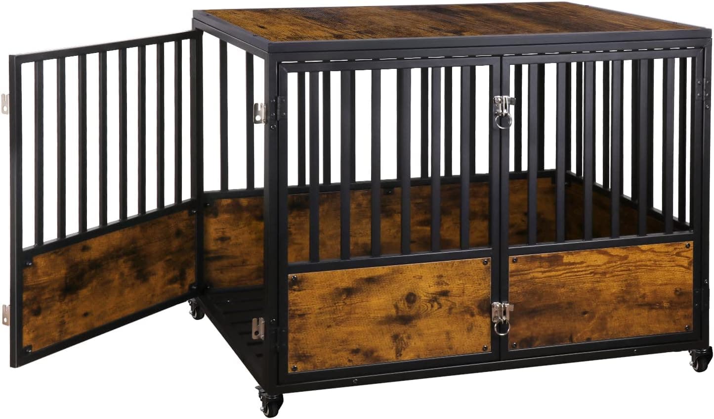 AGESISI Dog Crate Furniture 44" Wooden Kennel End Table, 2 Doors, Wheels