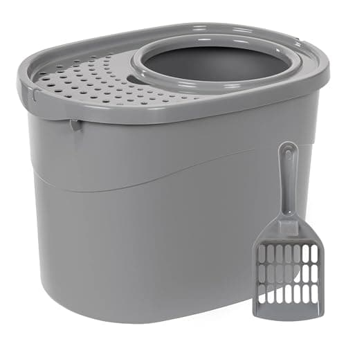 Amazon Basics Large Cat Litter Box with High Sides, Top Entry, Odor Control, Includes Scoop, 20.5 x 14.75 x 14.38 inches, Grey