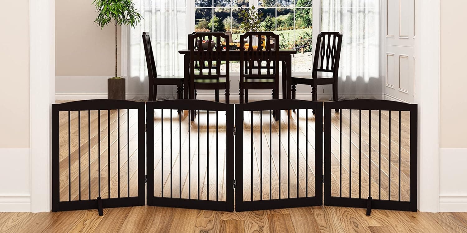 PUPETPO Freestanding Pet Gate for Dogs Foldable Wooden Dog Gate for House 80 Inch Wide 4 Panels 24 in (Brown)