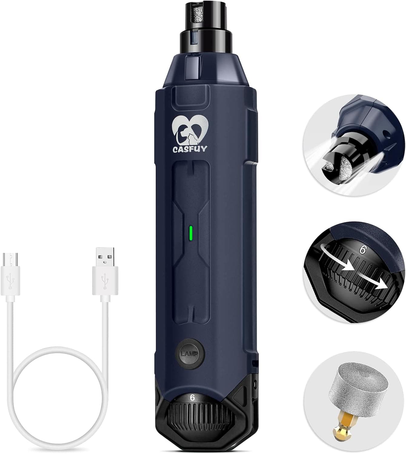 Casfuy 6-Speed Dog Nail Grinder, Super Quiet Rechargeable Electric Trimmer