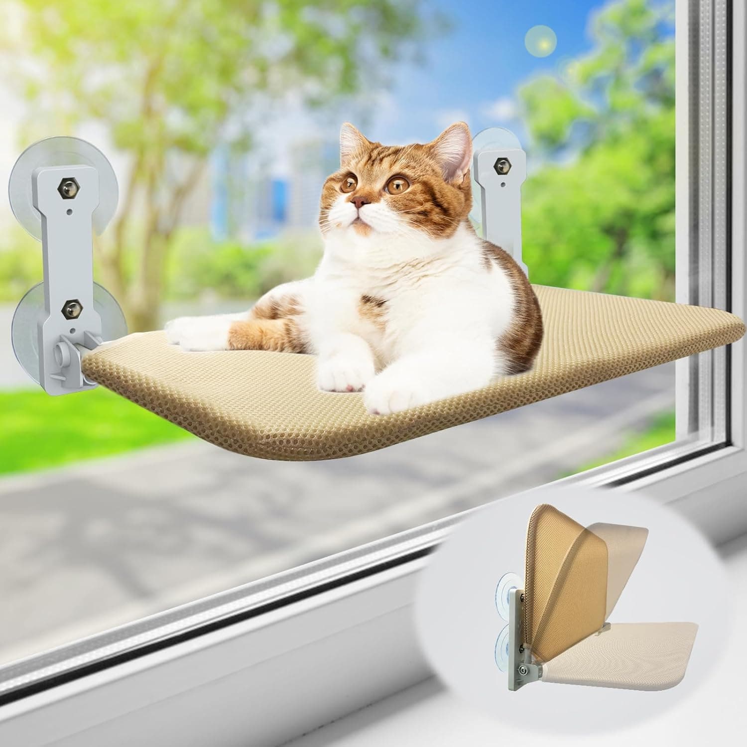 Foldable Cat Window Perch, Cordless Cat Window Hammock with 4 Strong Suction Cups, Sturdy Metal Frame Soft Cover