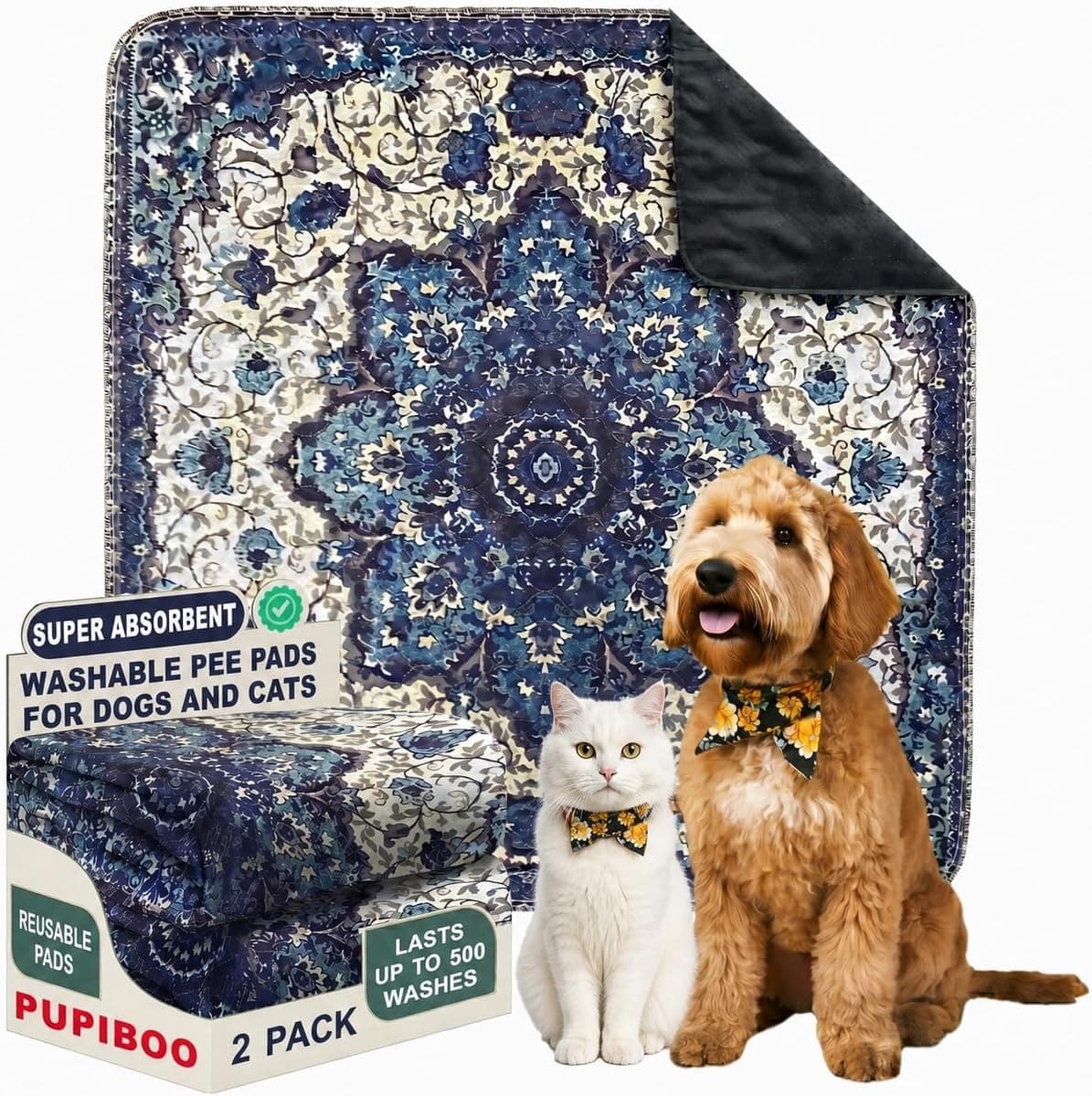 PUPIBOO Washable Pee Pads for Dogs and Cats - Super Absorbent Reusable Puppy Training Pads, Leak-Proof & Non-Slip