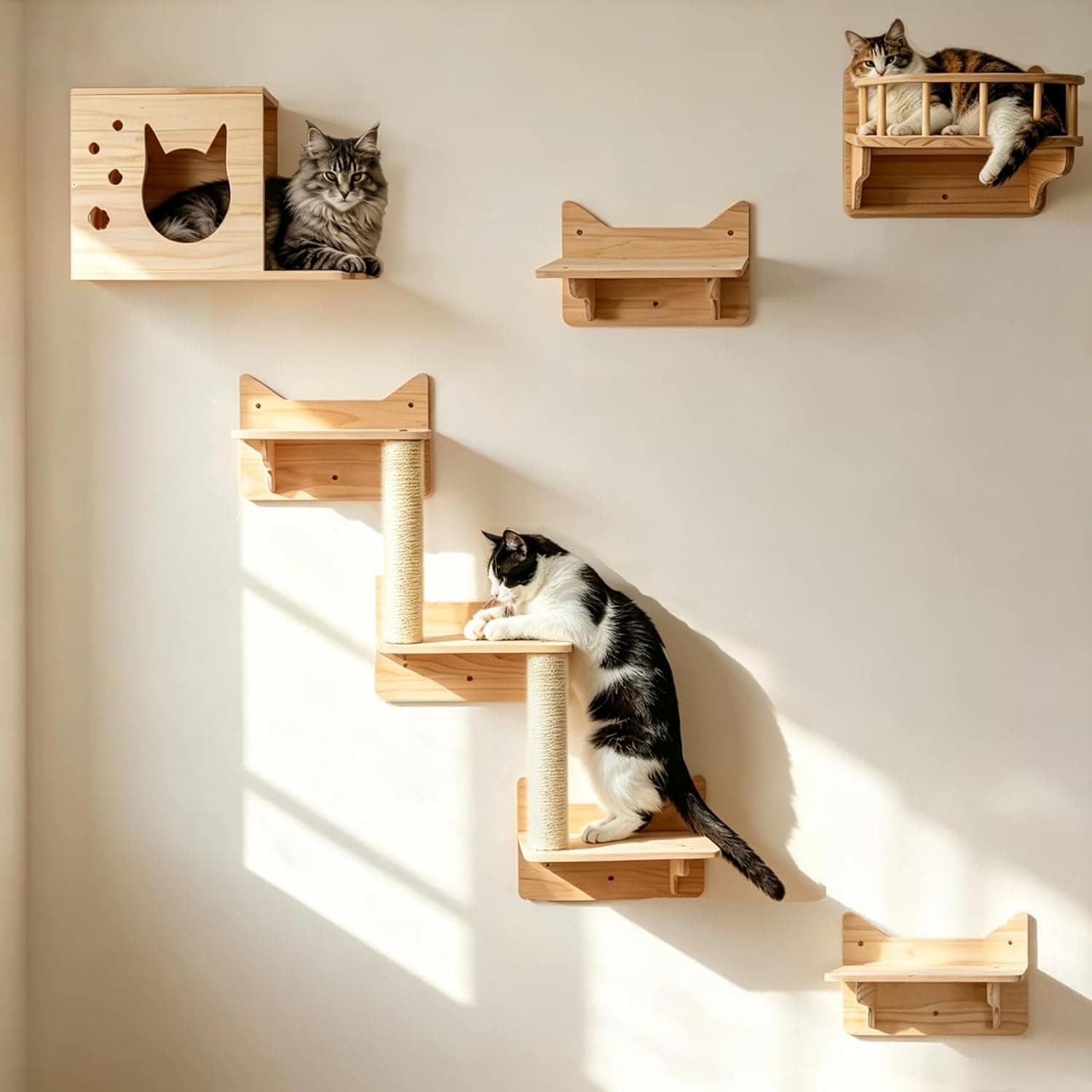 MIUZMORE Cat Wall Furniture, 5-Piece Cat Wall Shelves Set with Scratching Post, 3-Level Cat Wall Steps, Cat Wall House