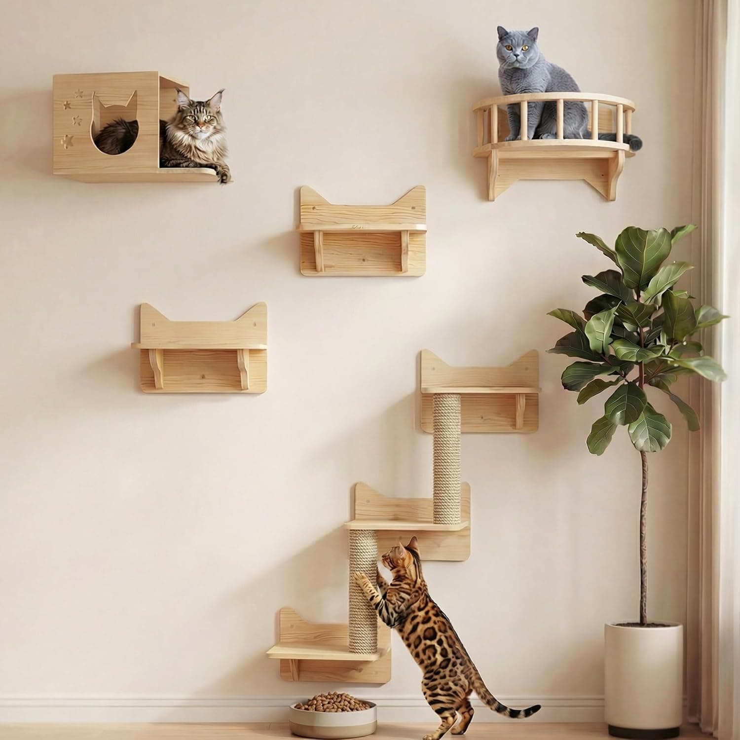 NOVGOBHOT Cat Wall Shelves for Large Cats, 9-Piece Wooden Wall-Mounted Set with Perches, Scratching Post & Condo House