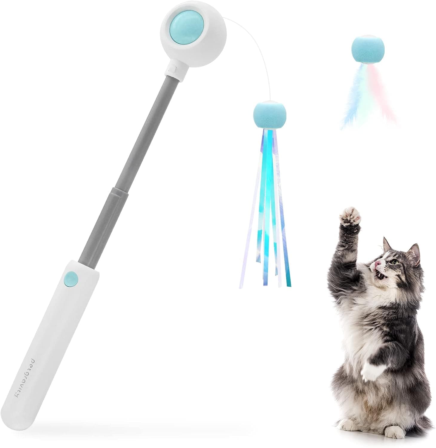 Andiker Cat Teaser Stick, Retractable Cat Wand with Replacement Head, Cat Feather Toy (Blue)