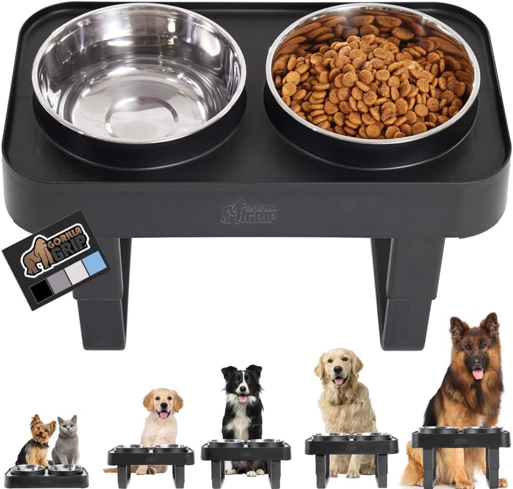 GORILLA GRIP Elevated Dog Bowls Stand, 6 Cup Stainless Steel Set of 2, 5 Heights