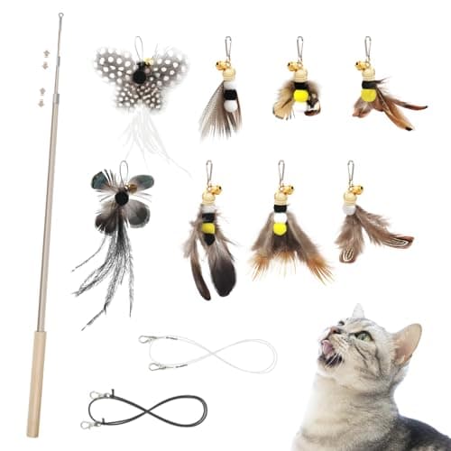 SONGWAY Cat Teaser Wand Toy - 9 Piece Retractable Set, Insect Worm Replacement Teaser with Bell, Interactive Cat Toy for Indoor Kittens