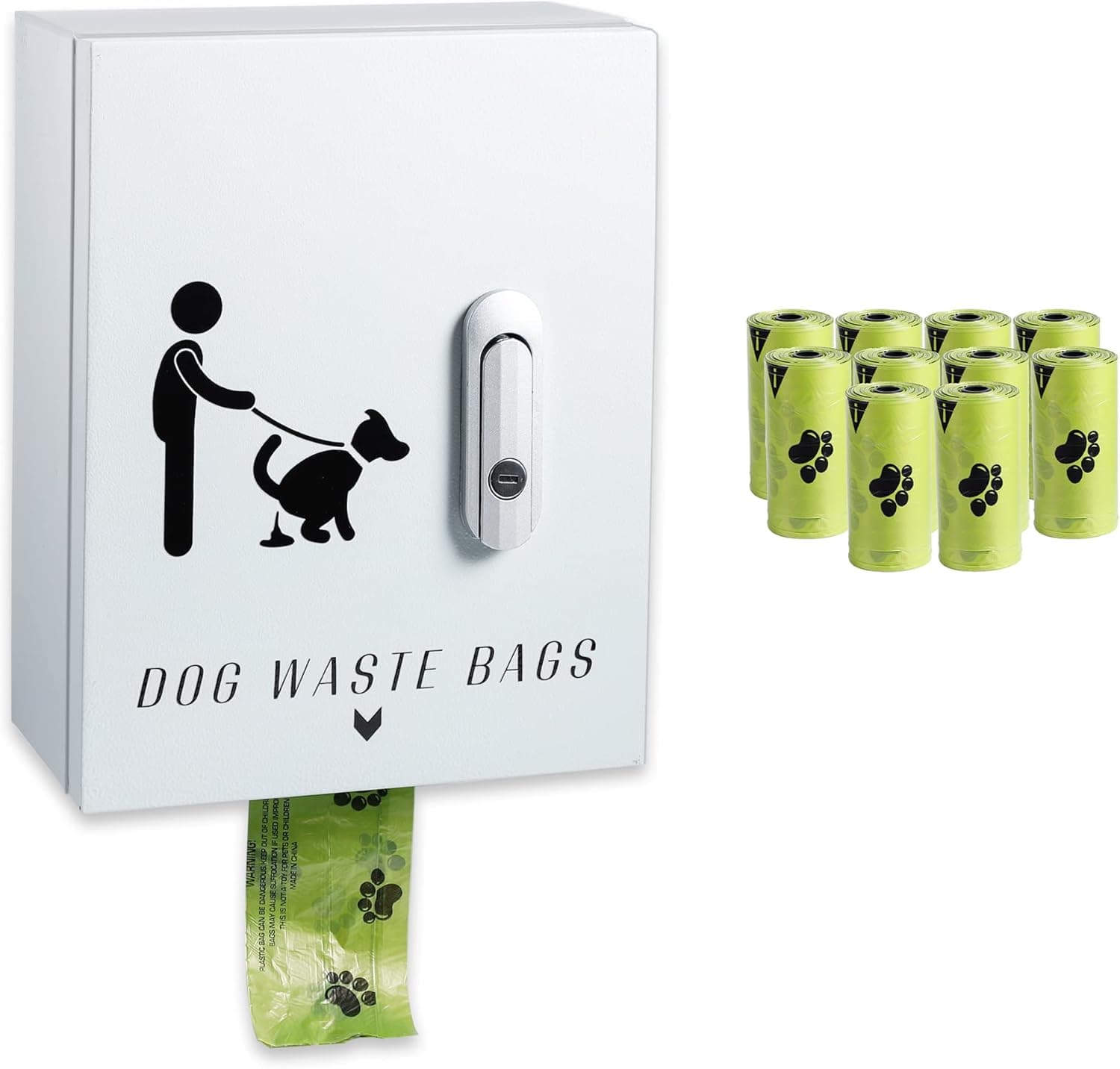 Vonsamge Outdoor Dog Poop Bag Dispenser for Yard, Wall Mount Metal Waste Bag Dispenser with Lock, Holds 20 Rolls (Gray)