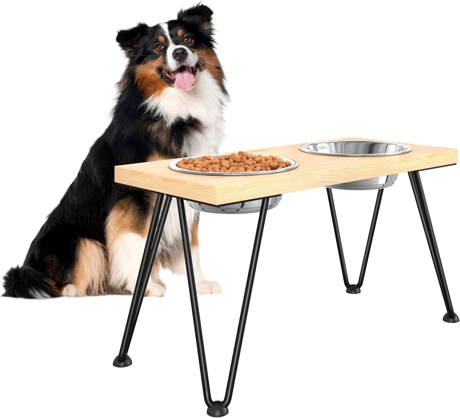 ROTHLEY Elevated Dog Bowls, Oak Wood Feeding Table with 2 Stainless Steel Bowls